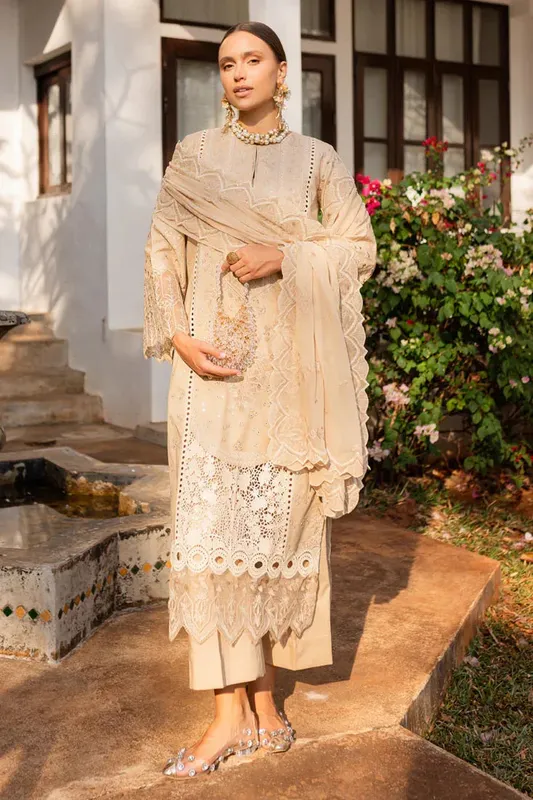 Marjjan Fasana Lawn Beige Organza – view 1 – Poshaq