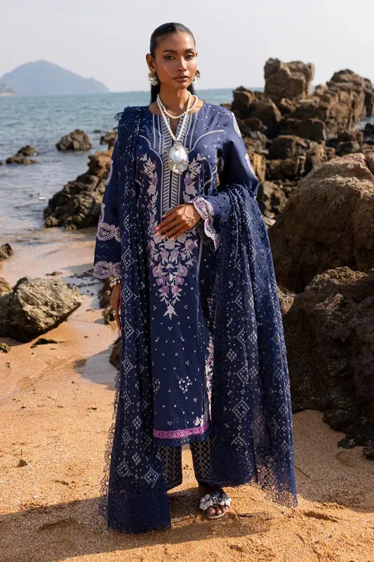 Marjjan Fasana Lawn Navy Organza – view 1 – Poshaq