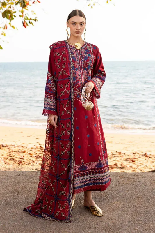 Marjjan Fasana Lawn Maroon Organza – view 1 – Poshaq