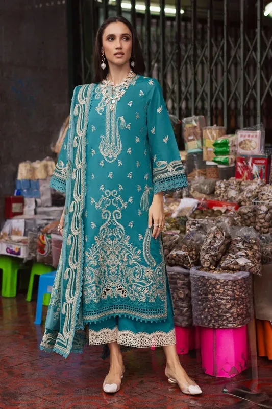 Marjjan Carnation Lawn Teal Organza – view 1 – Poshaq