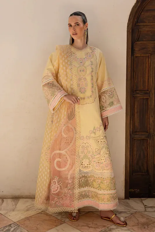 Marjjan Ruhi Lawn Maize Yellow Organza – view 1 – Poshaq