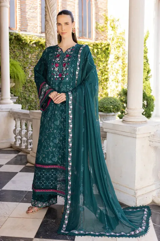 Marjjan Ruhi Lawn Dark Teal Green Organza – view 1 – Poshaq