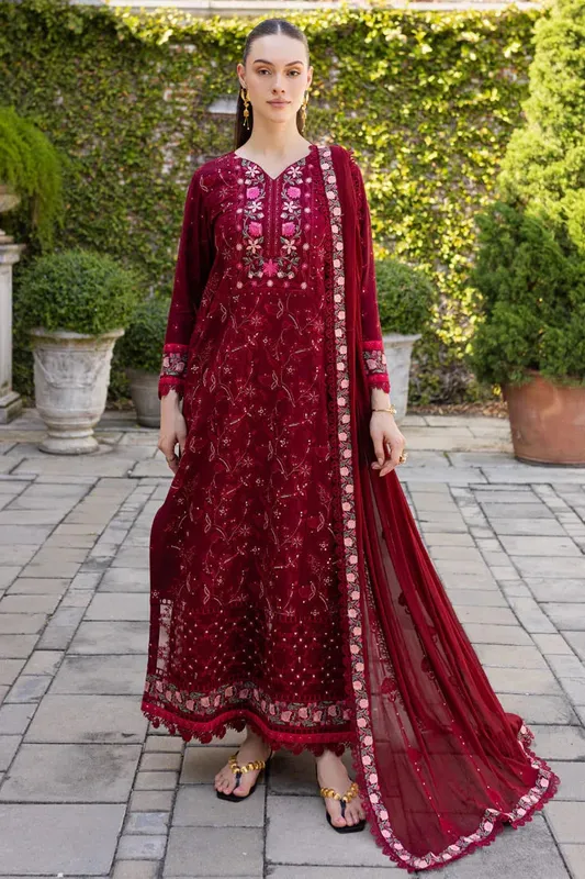 Marjjan Ruhi Lawn Maroon Organza – view 1 – Poshaq
