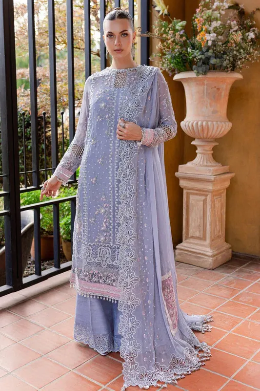 Light lavender formal suit with sequined chiffon and organza, includes dupatta and trousers – view 1 – Poshaq