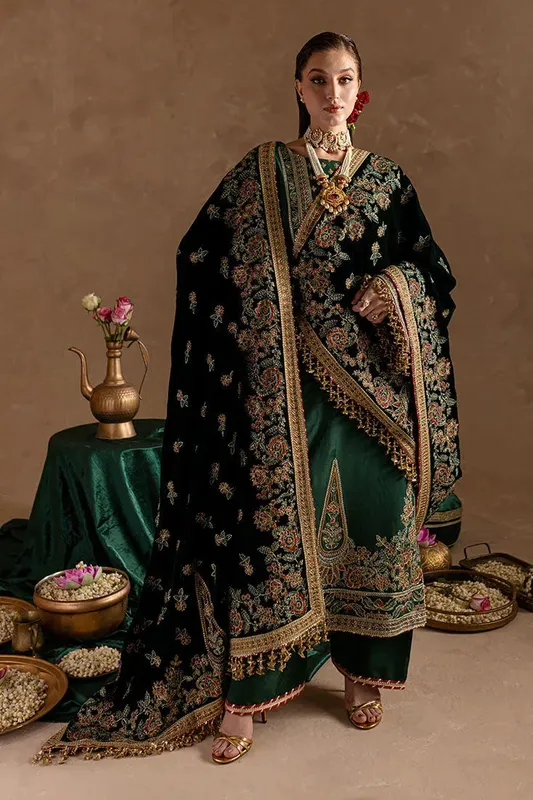 Marjjan De Rose Velvet Bottle Green Raw Silk – view 1 – Poshaq