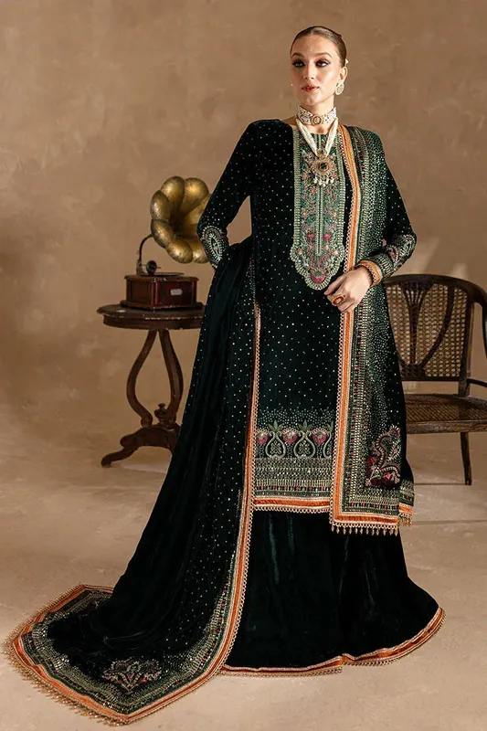 Marjjan De Rose Velvet Bottle Green Organza – view 1 – Poshaq