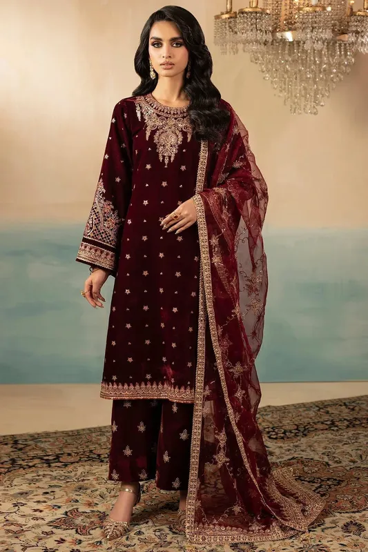 Motifz Premium Winter 25 Maroon Organza – view 1 – Poshaq