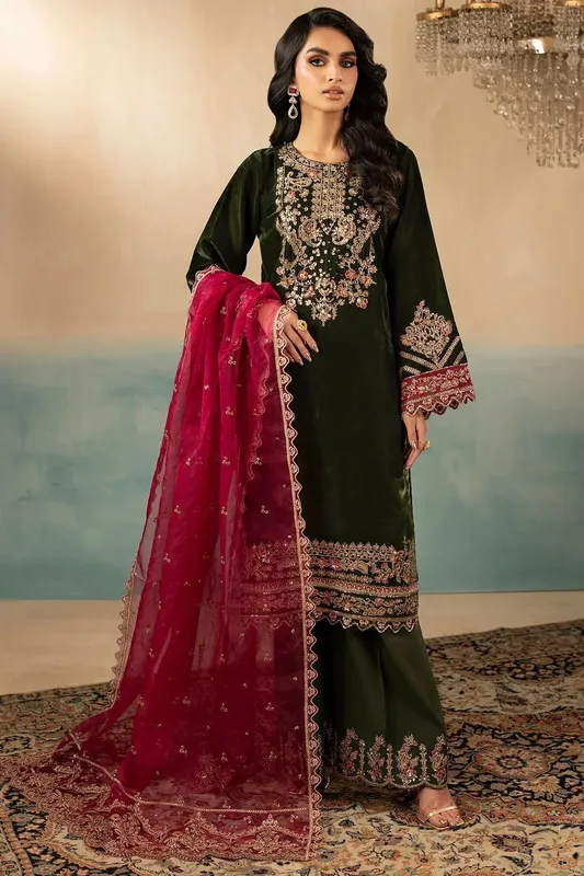 Motifz Premium Winter 25 Dark Mehndi Organza – view 1 – Poshaq