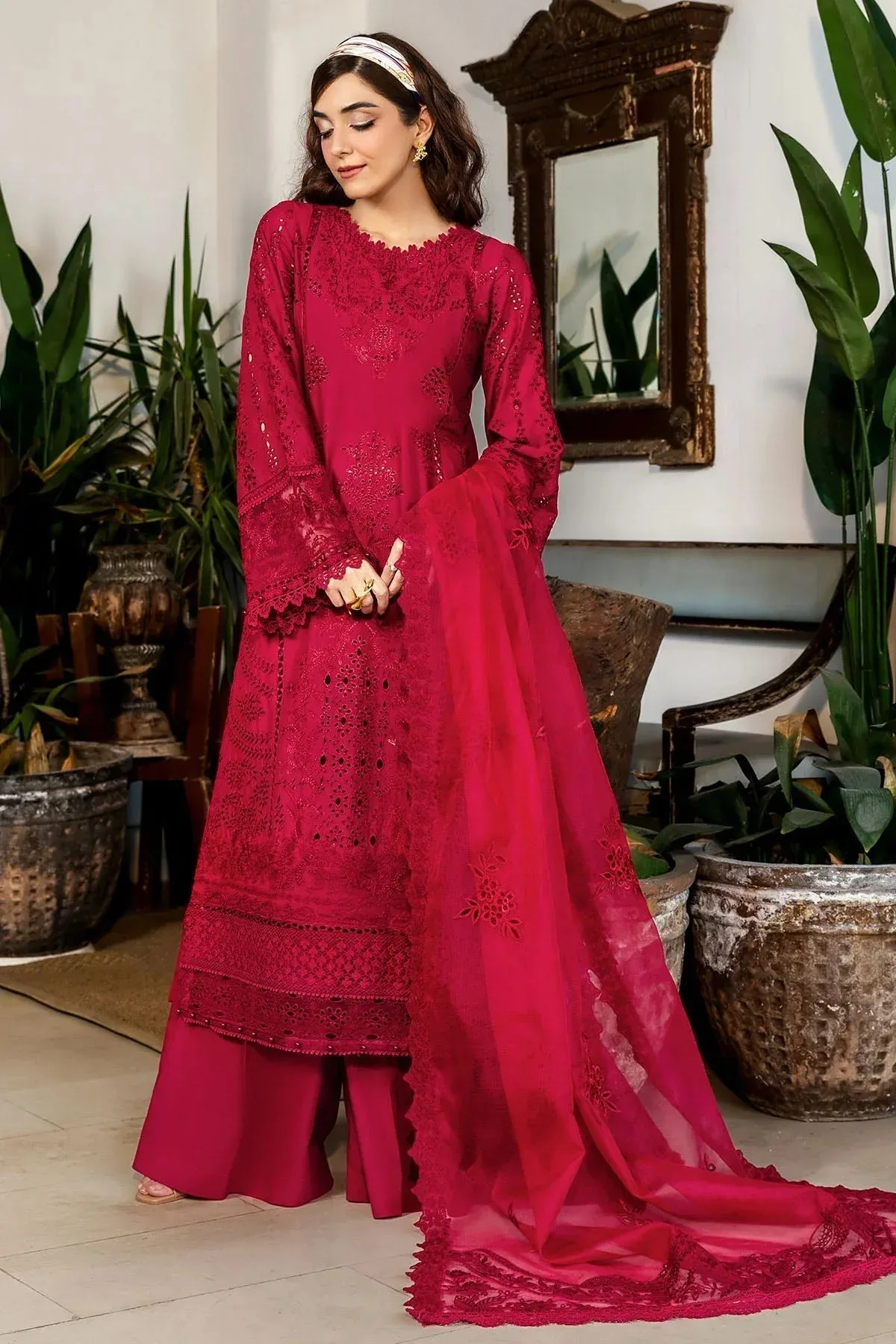 Motifz Premium Lawn 25 Redish Pink Cotton – view 1 – Poshaq