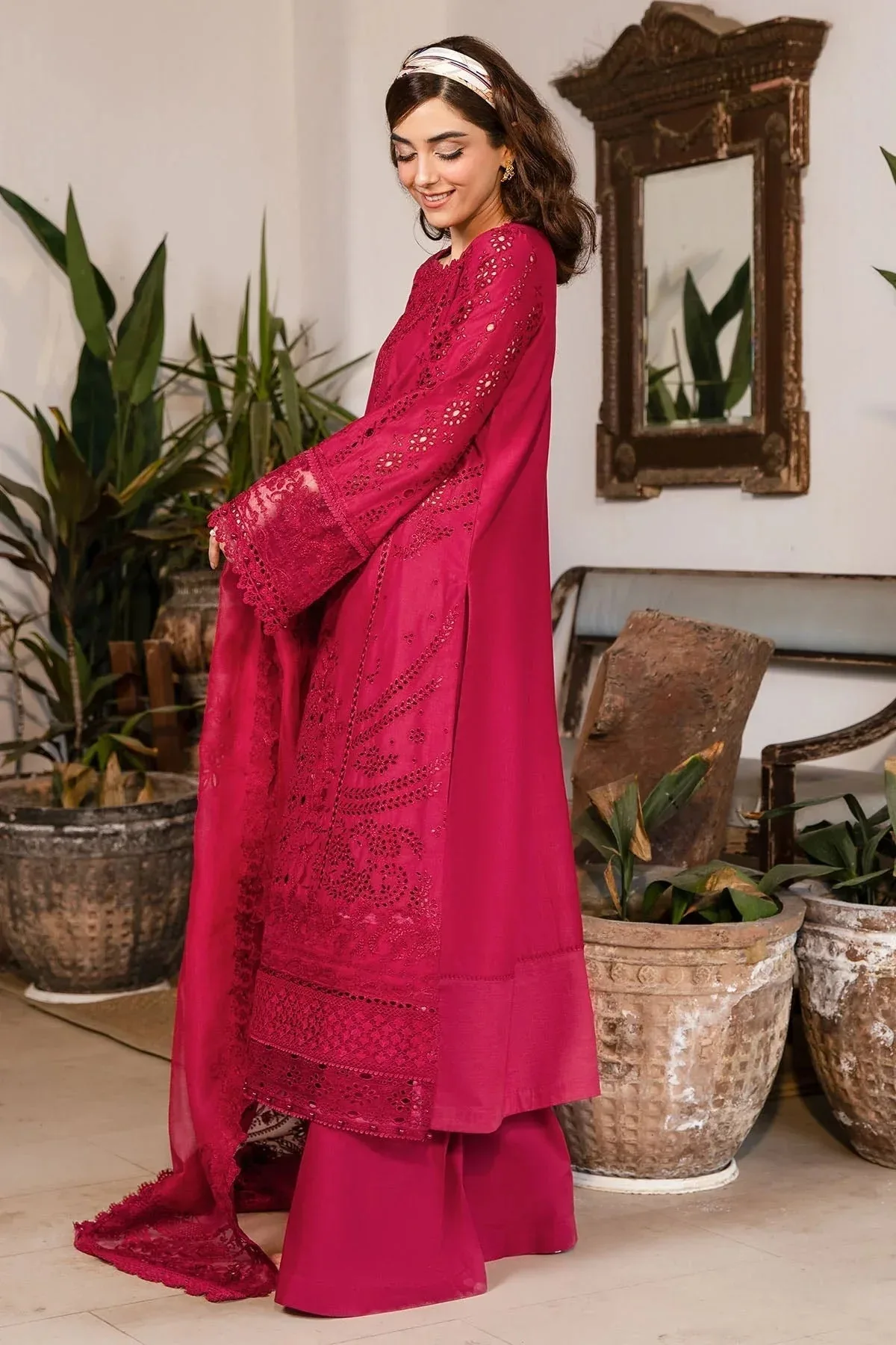 Motifz Premium Lawn 25 Redish Pink Cotton – view 2 – Poshaq