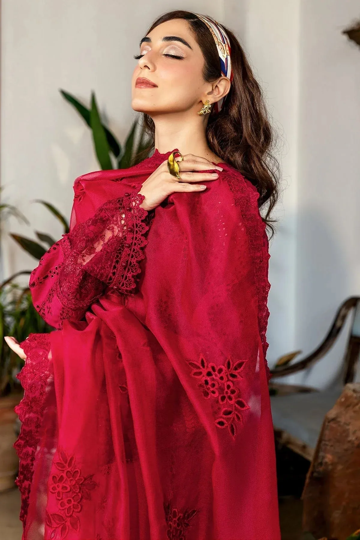 Motifz Premium Lawn 25 Redish Pink Cotton – view 3 – Poshaq
