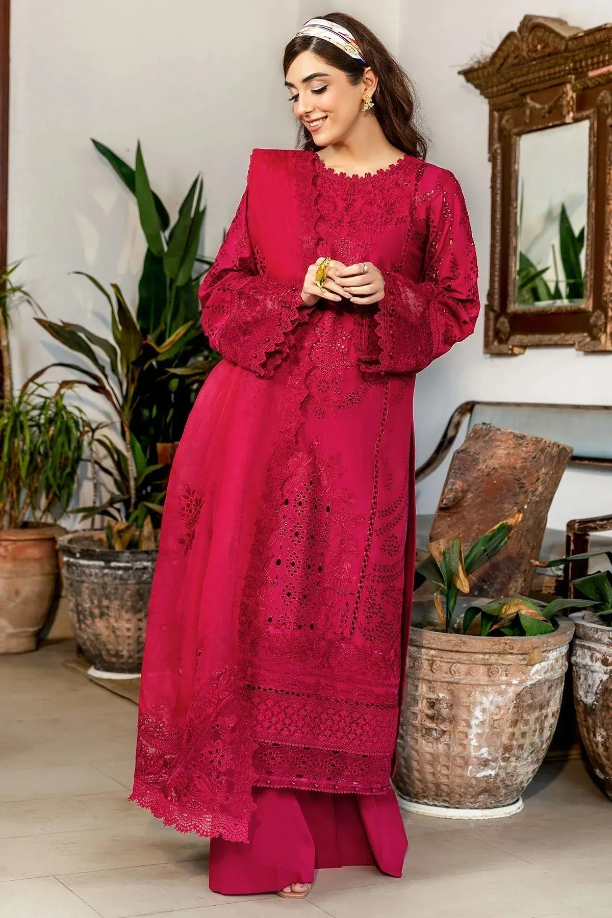 Motifz Premium Lawn 25 Redish Pink Cotton – view 4 – Poshaq