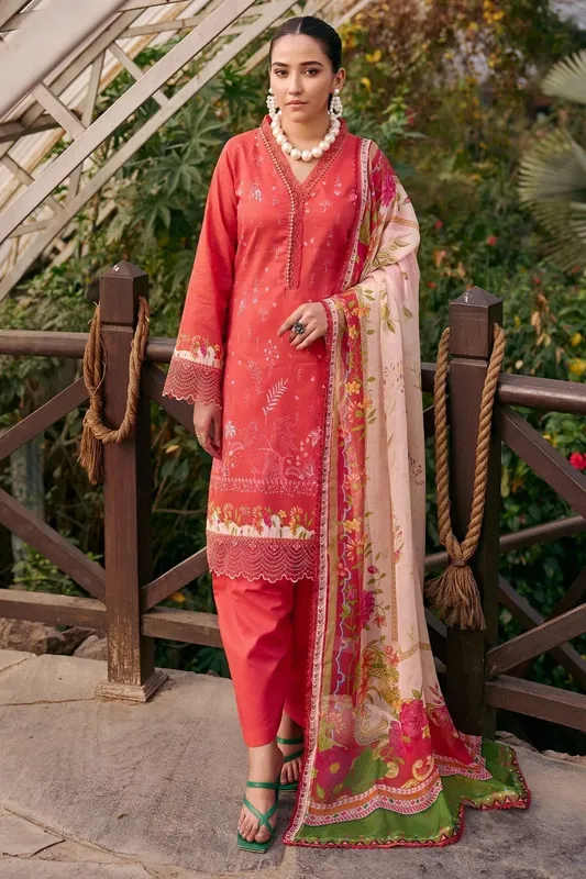 Motifz Umang Lawn Carrot Pink Chiffon – view 1 – Poshaq