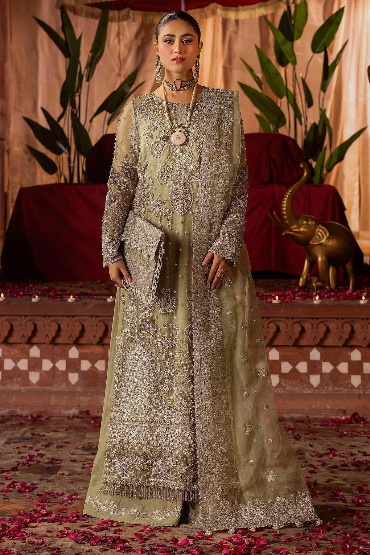 Motifz Bridal Couture Olive Green Organza – view 1 – Poshaq