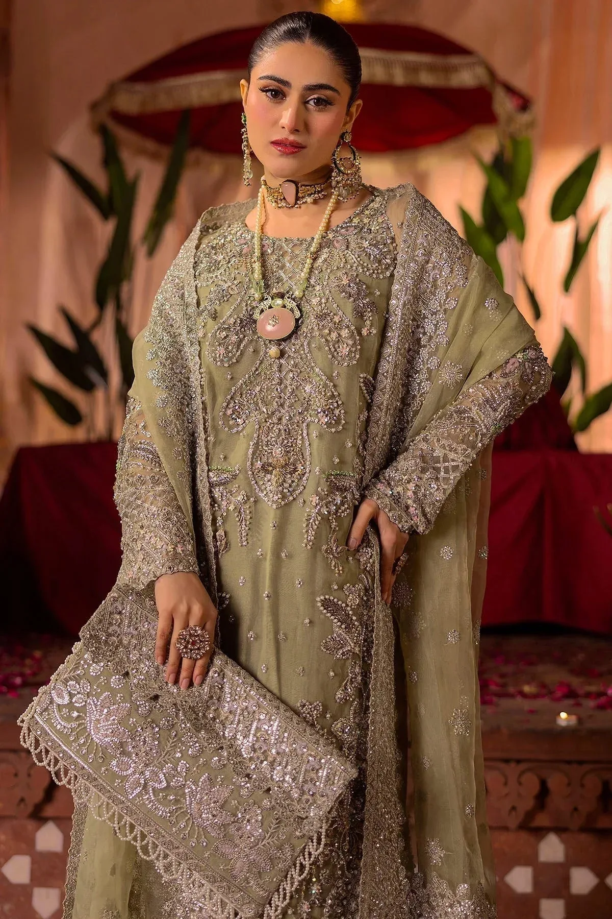 Motifz Bridal Couture Olive Green Organza – view 4 – Poshaq