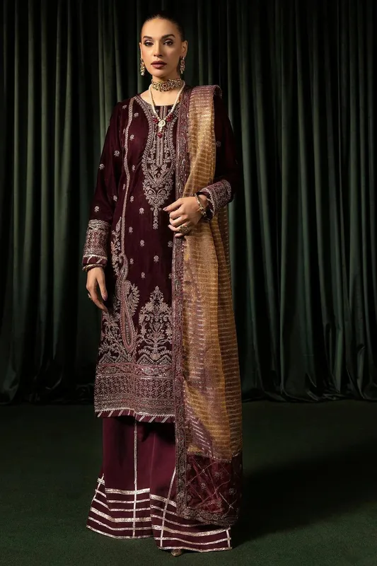 Motifz Velvet Formals Dark Maroon Banarsi – view 1 – Poshaq