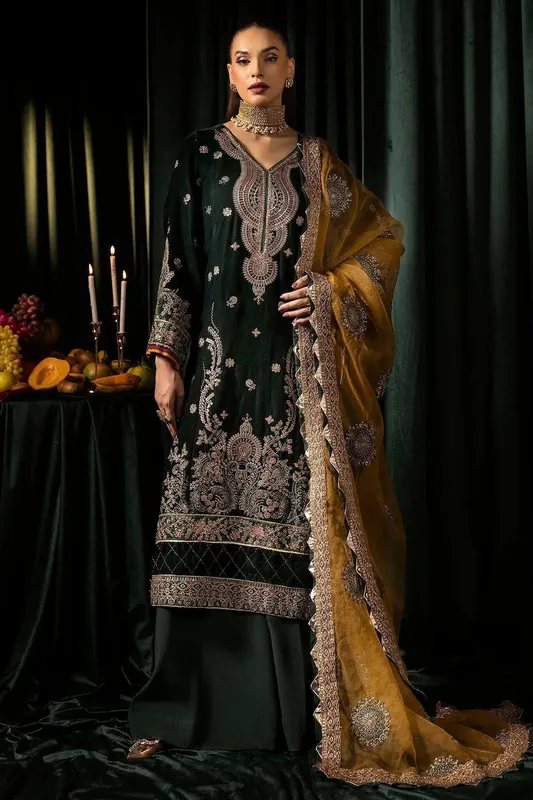 Motifz Velvet Formals Bottle Green Organza – view 1 – Poshaq