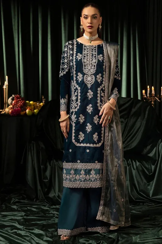 Motifz Velvet Formals Teal Blue Banarsi – view 1 – Poshaq