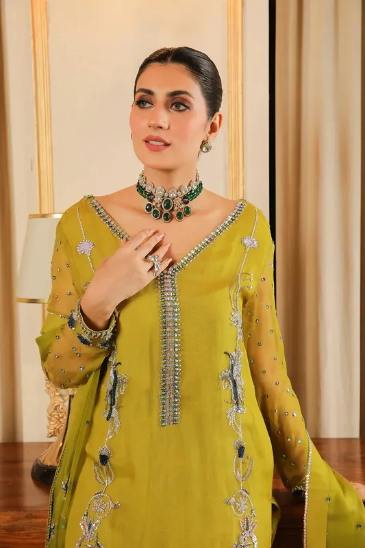 Muntaha by Shanzay Fahad Baad e Saba Mustard Raw Silk – view 1 – Poshaq