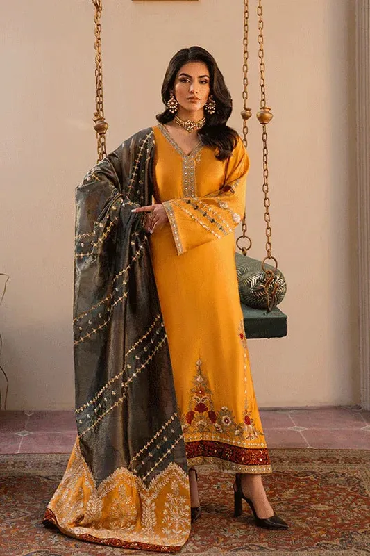 Muntaha by Shanzay Fahad Humraahi Mustard Raw Silk – view 1 – Poshaq