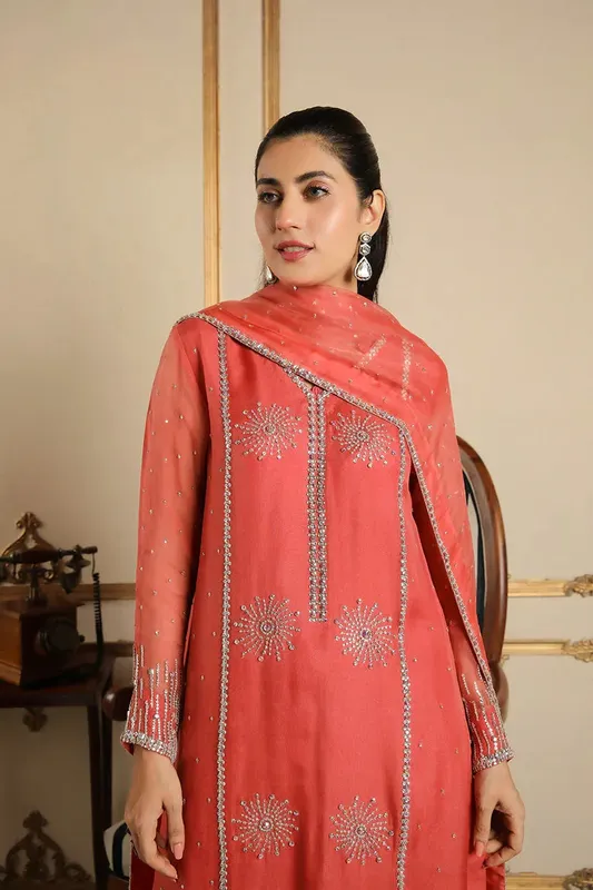 Muntaha by Shanzay Fahad Baad e Saba Coral Raw Silk – view 1 – Poshaq