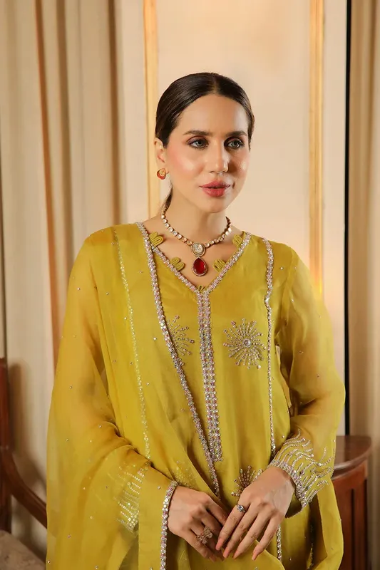 Muntaha by Shanzay Fahad Baad e Saba Yellow Raw Silk – view 1 – Poshaq