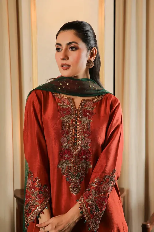 Muntaha by Shanzay Fahad Baad e Saba Orange Raw Silk – view 1 – Poshaq