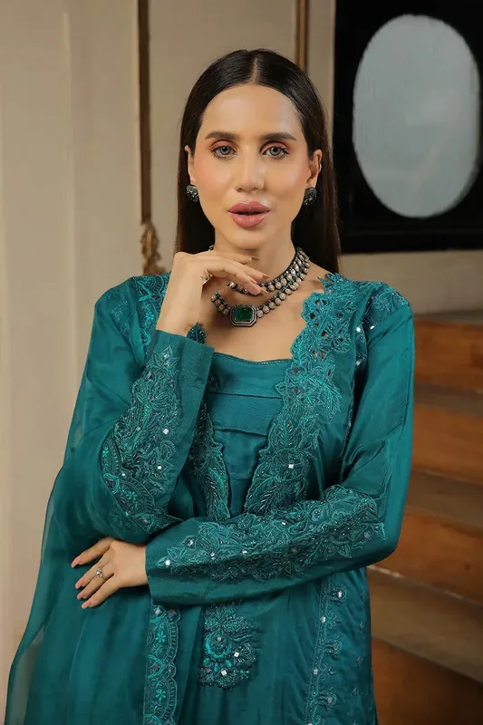 Muntaha by Shanzay Fahad Baad e Saba Teal Raw Silk – view 1 – Poshaq