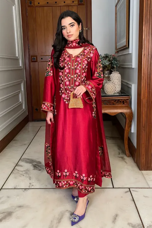 Muntaha by Shanzay Fahad Zara Semi Formals Red Cotton Silk – view 1 – Poshaq