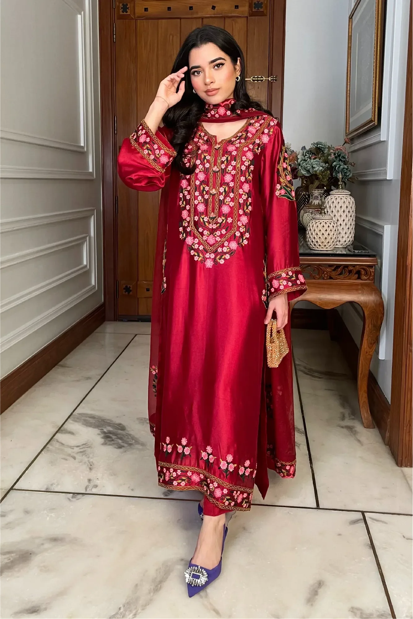Muntaha by Shanzay Fahad Zara Semi Formals Red Cotton Silk – view 3 – Poshaq