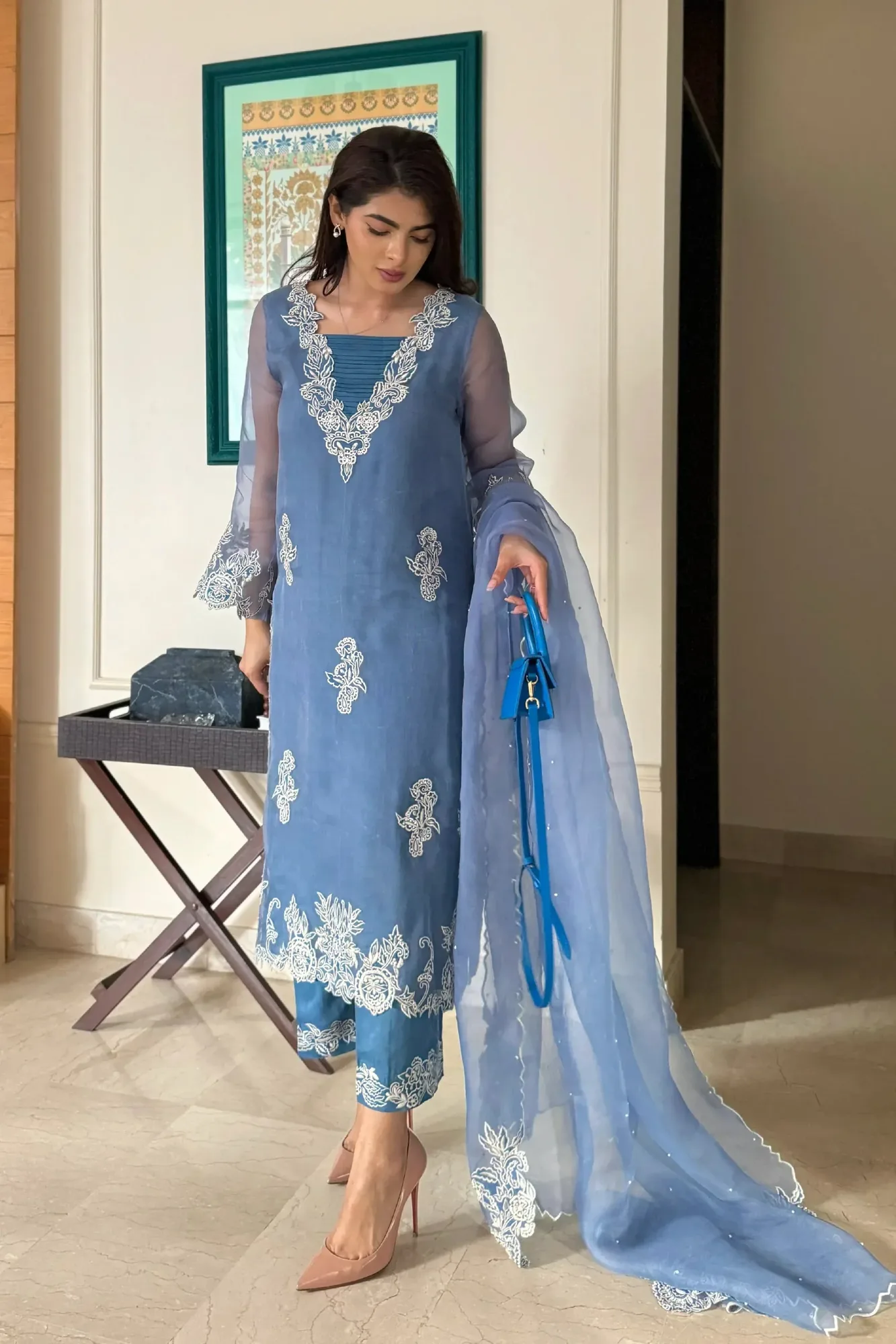 Muntaha by Shanzay Fahad Zara Semi Formals Turquoise Blue Organza – view 2 – Poshaq