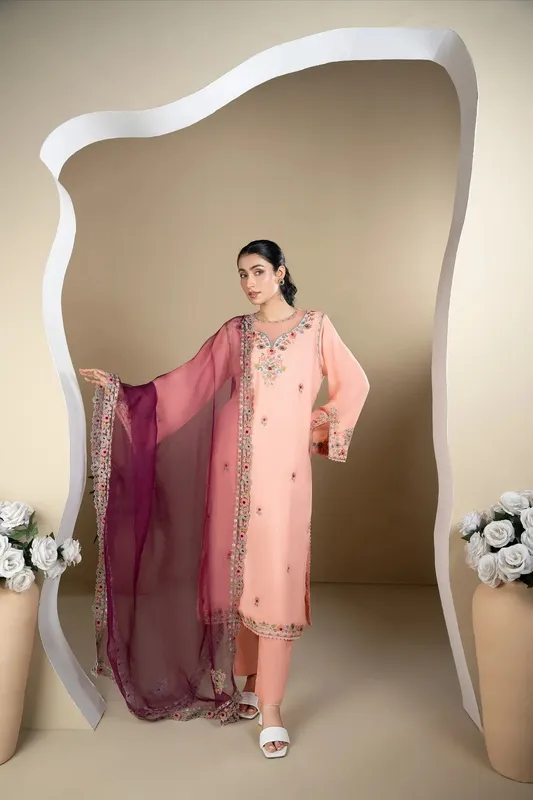 Muntaha by Shanzay Fahad Rumaisa Luxury Pret Peach Organza – view 1 – Poshaq