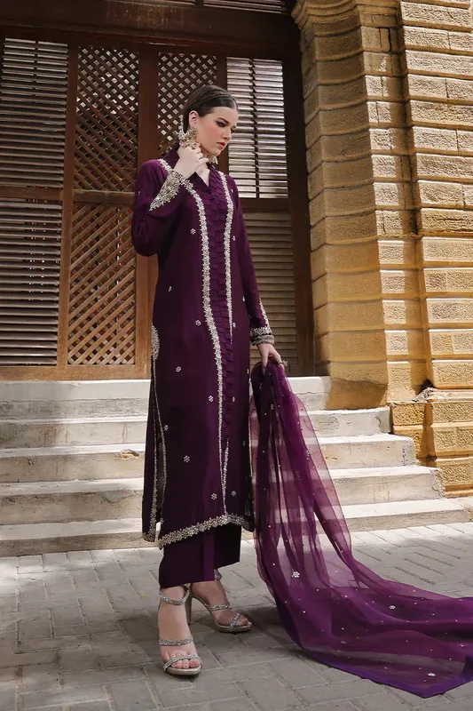 Mona Imran Dilzaib Formals Dark Plum Organza – view 1 – Poshaq