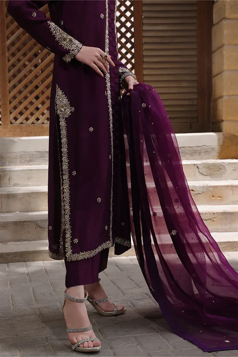 Mona Imran Dilzaib Formals Dark Plum Organza – view 6 – Poshaq