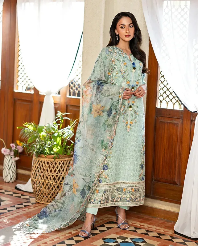Mushq Pakistan Sea blue Organza – view 1 – Poshaq