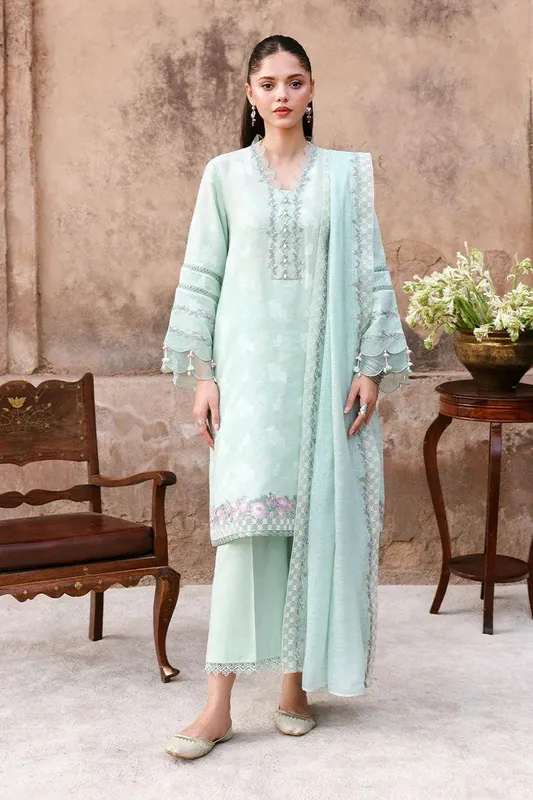 Green 3‑piece embroidered lawn suit with cross‑stitch detailing – view 1 – Poshaq