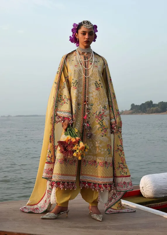 Hussain Rehar Mustard Organza – view 1 – Poshaq
