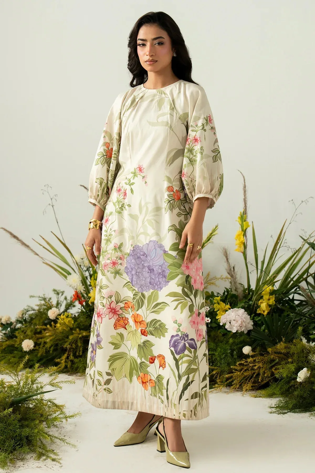 Cream chiffon dress with soft crepe detailing – view 1 – Poshaq