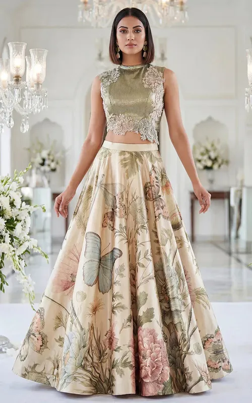 Embroidered Blouse With Printed Skirt – view 1 – Poshaq