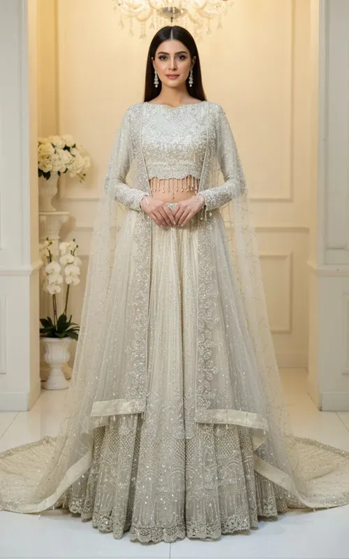 Embroidered Blouse with Lehenga and Dupatta – view 1 – Poshaq