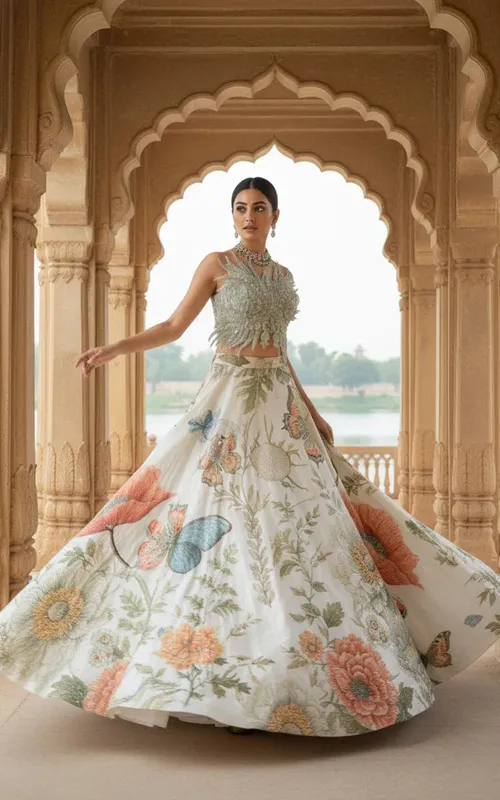 Embroidered Blouse With Embellished Printed Lehenga – view 1 – Poshaq