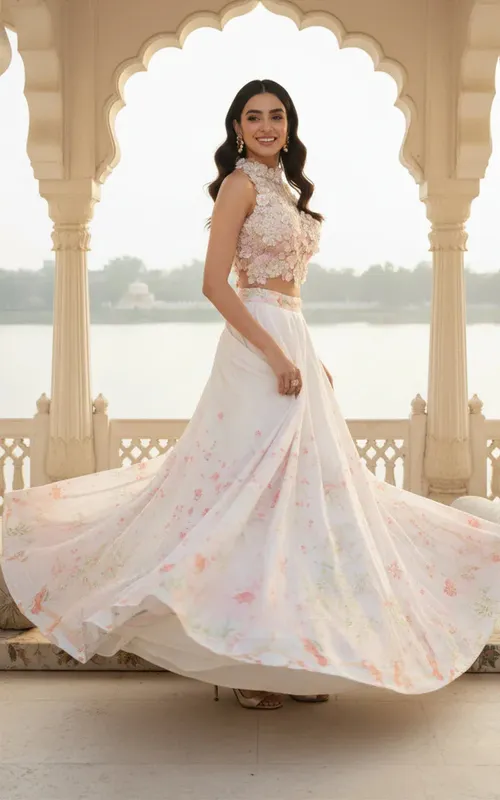 Embellished Blouse With Printed Lehenga – view 1 – Poshaq