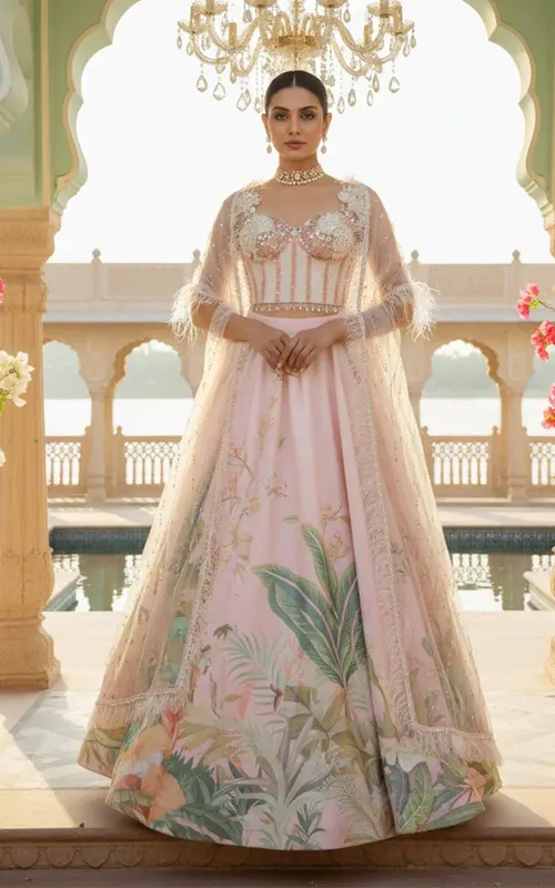 Embellished Blouse With Cape And Printed Lehenga – view 1 – Poshaq