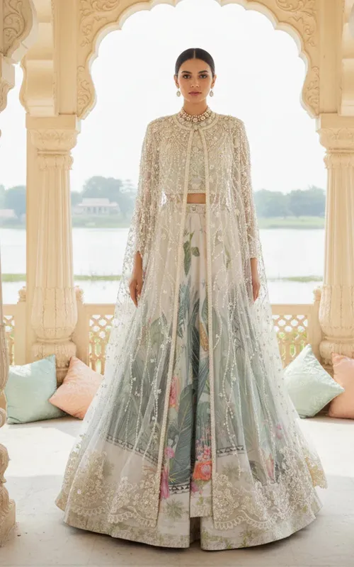 Embellished Blouse With Jacket And Printed Lehenga – view 1 – Poshaq