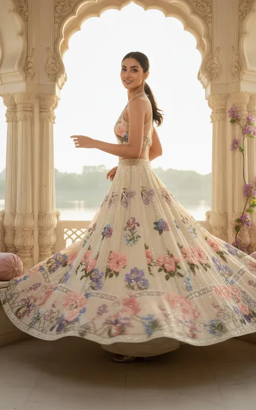Embellished Blouse With Embellished Printed Lehenga – view 1 – Poshaq