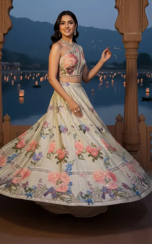 Embellished Blouse With Embellished Printed Lehenga – view 1 – Poshaq