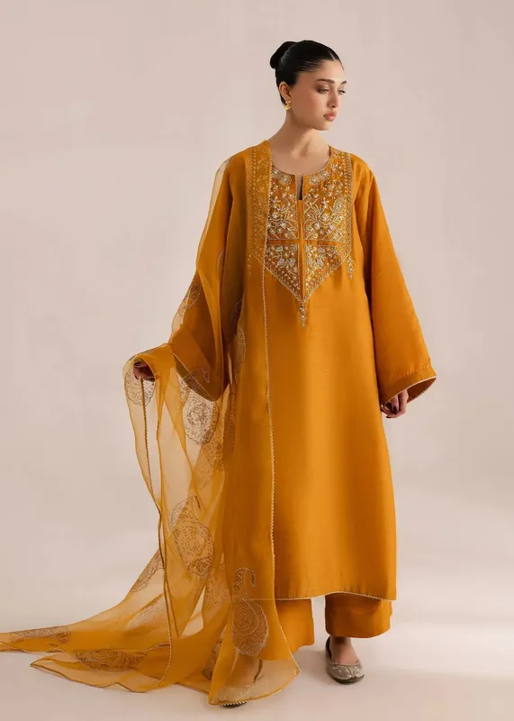 Sadaf Fawad Khan Silk Luxury Pret 26 Mustard Organza – view 1 – Poshaq