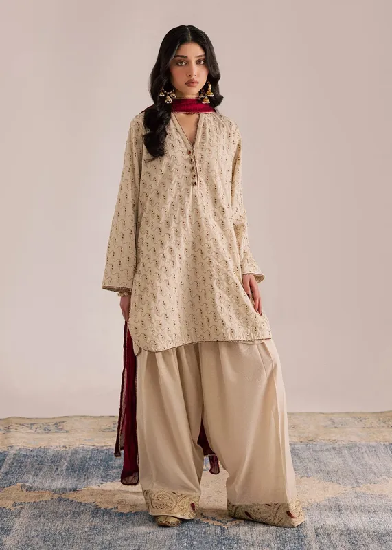 Sadaf Fawad Khan Silk Luxury Pret 26 Maroon Karandi – view 1 – Poshaq