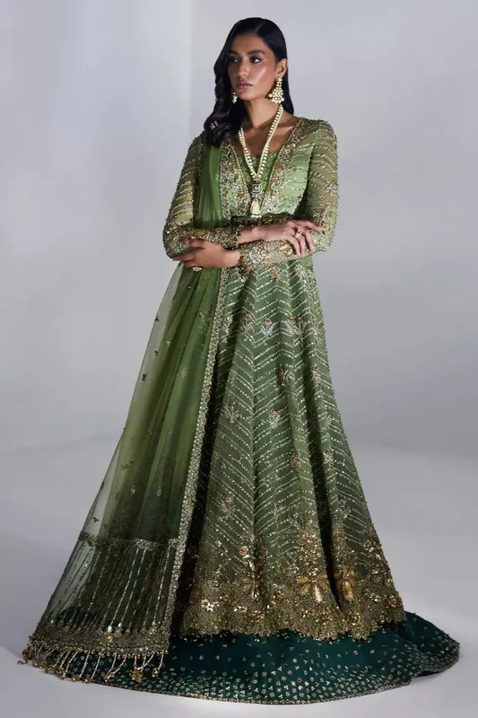 Elan Luxury Wedding Wears Green Net – view 1 – Poshaq