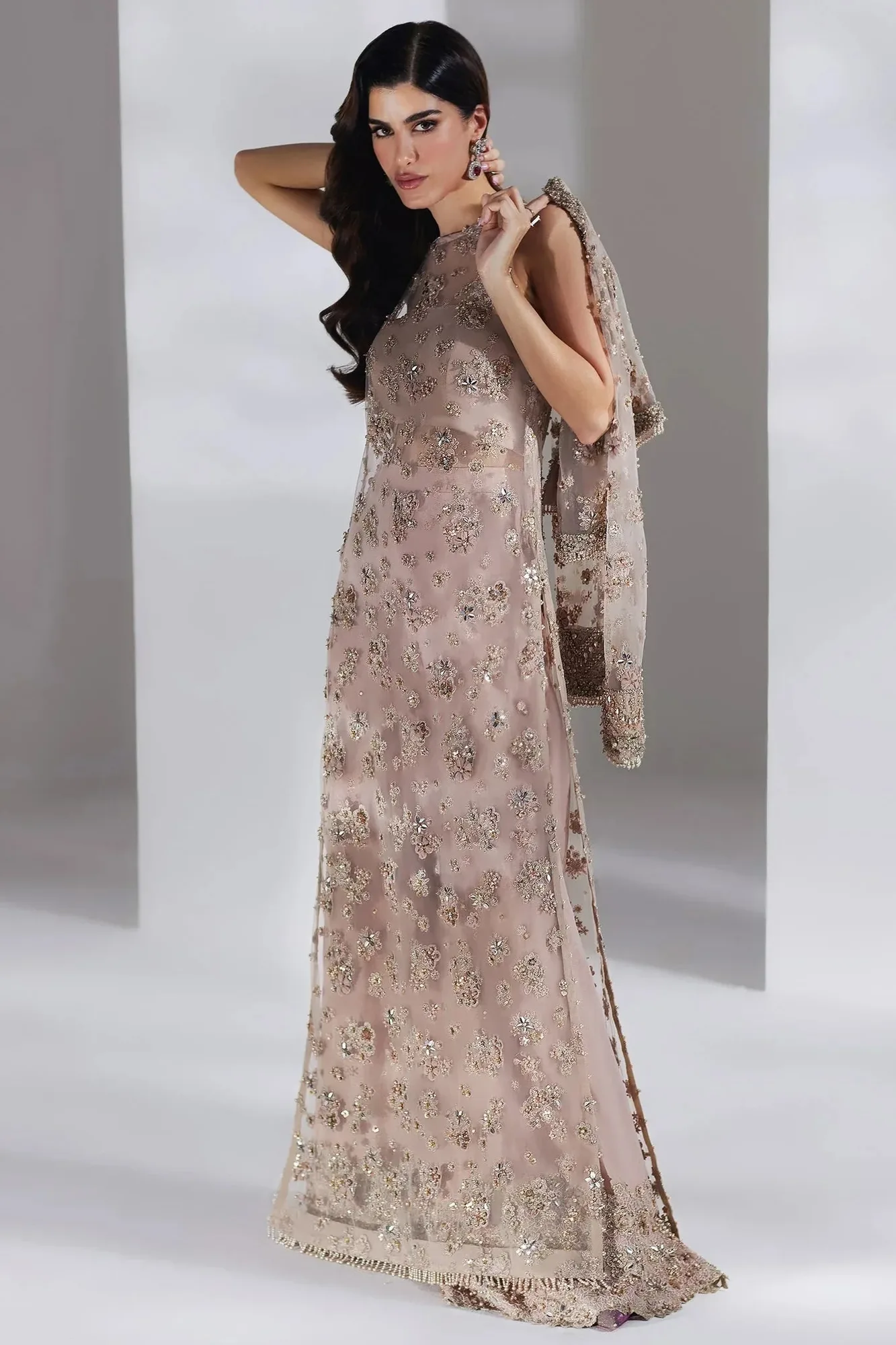 Elan Luxury Wedding Wears Peach Net – view 2 – Poshaq